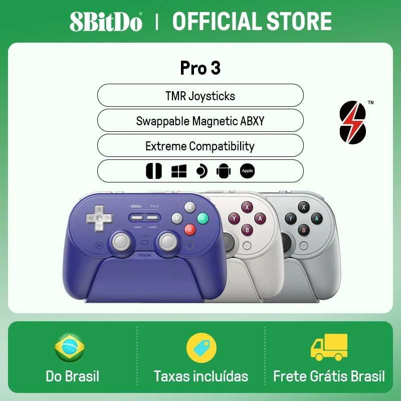 Controlador de jogos sem fio 8BitDo Pro 3 para Switch 1/2 Windows, Apple, com joysticks TMR, gatilhos comutáveis, botão