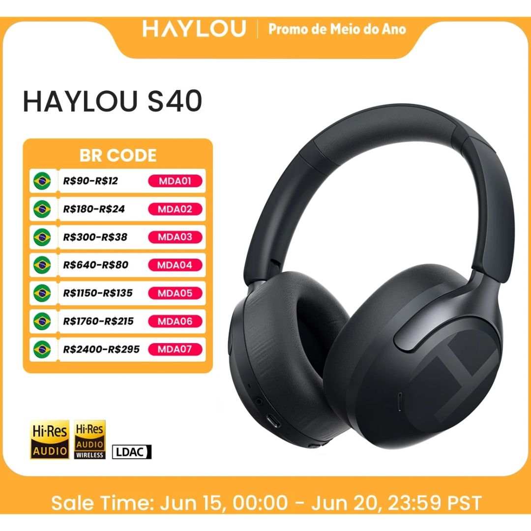 Fone de Ouvido Sem Fio HAYLOU S40 ANC com Cancelamento de Ruído de 50dB, Áudio Espacial 3D de Alta Resolução, Fone de Ouvido